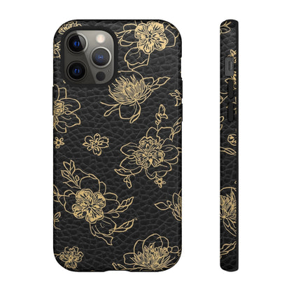 Floral Leather Phone Case — Gold Outline Flowers on Black Tough Case