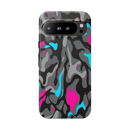 Camouflage Phone Case — Gray Camo with Neon Pink & Cyan Accent Tough Protective Cover