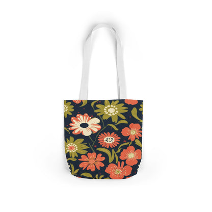 Floral Canvas Tote Bag — Retro Orange & Olive Flower Pattern
