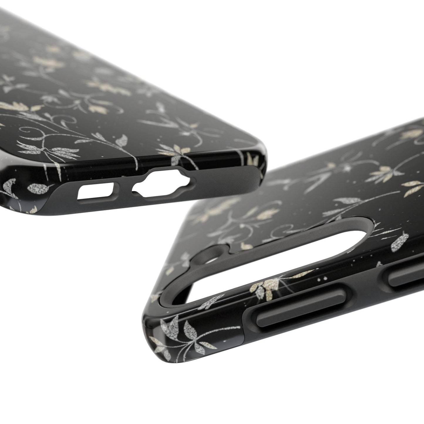 Floral Noir Tough Phone Case — Vintage Black Botanical Protective Cover