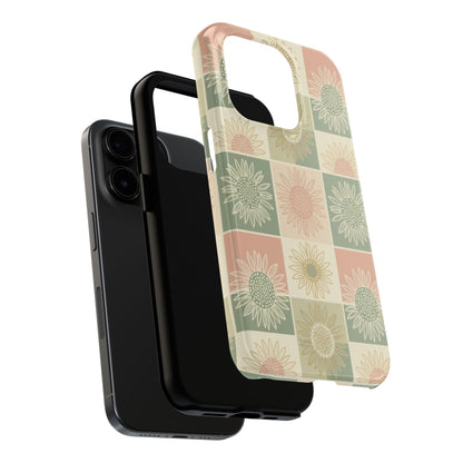 Sunflower Check iPhone Tough Phone Case — Retro Pastel Floral Protective Cover