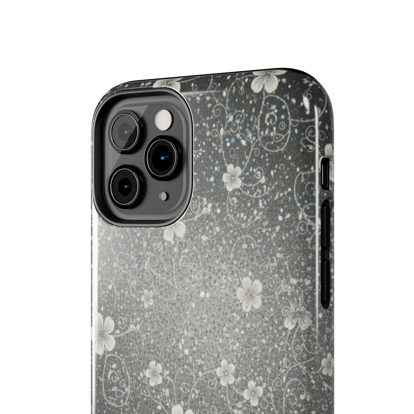 Floral Sparkle Tough Phone Case — Black & Silver Vintage Blossom