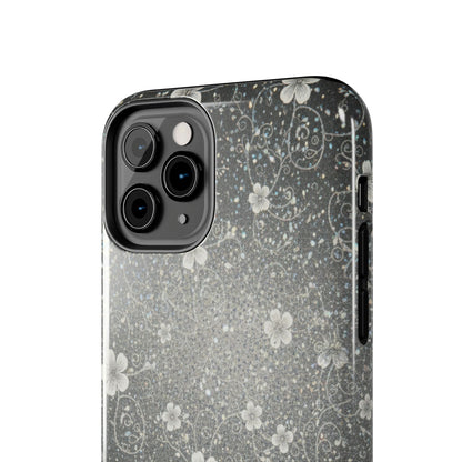 Floral Sparkle Tough Phone Case — Black & Silver Vintage Blossom