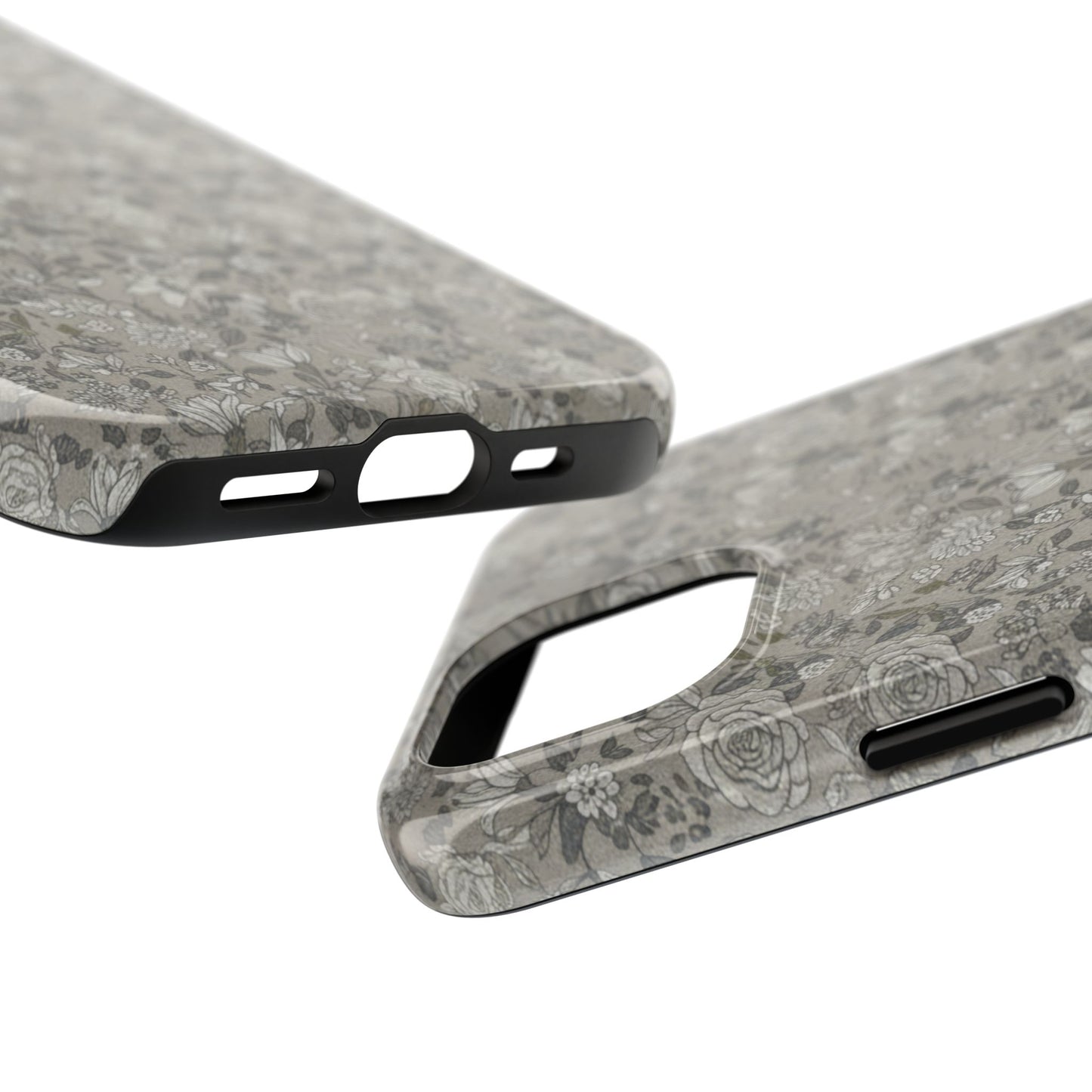 Gray Floral Tough Phone Case — Durable Protective Phone Cover with Vintage Botanical Pattern