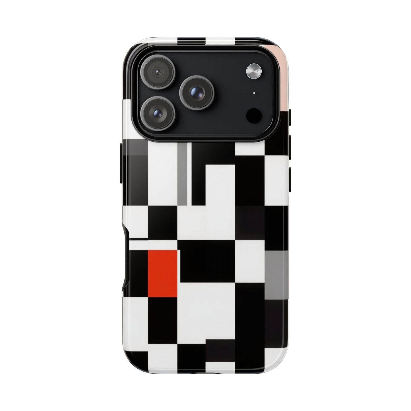 Abstract Geometric Phone Case – Black & White Checker Grid with Red Accent