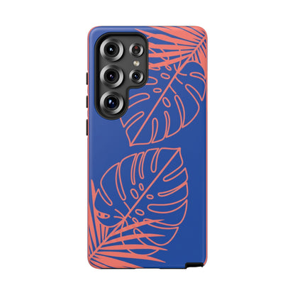 Tropical Monstera Phone Case — Blue & Coral Leaf Protective Cover