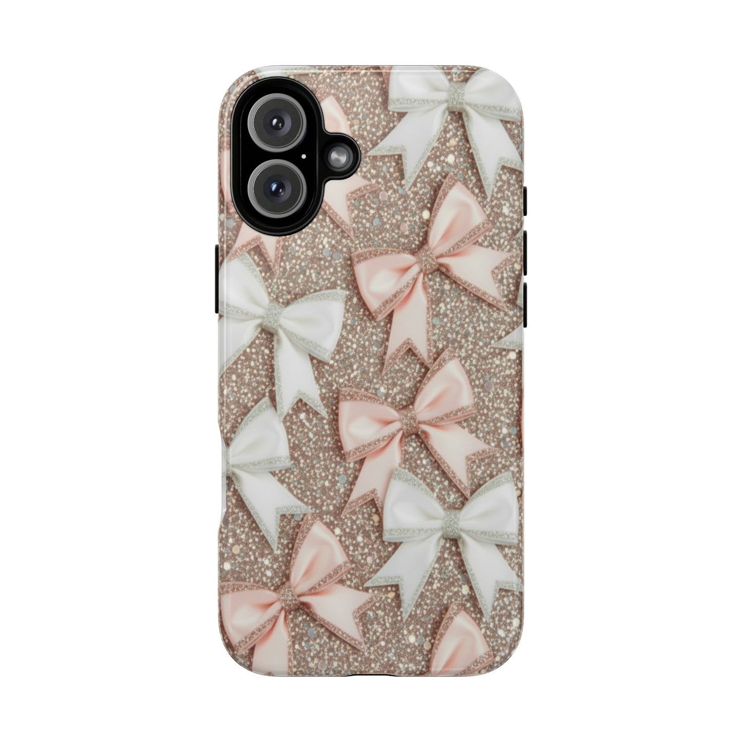 Glitter Bow Tough Phone Case — Pink & White Ribbon Protective Cover