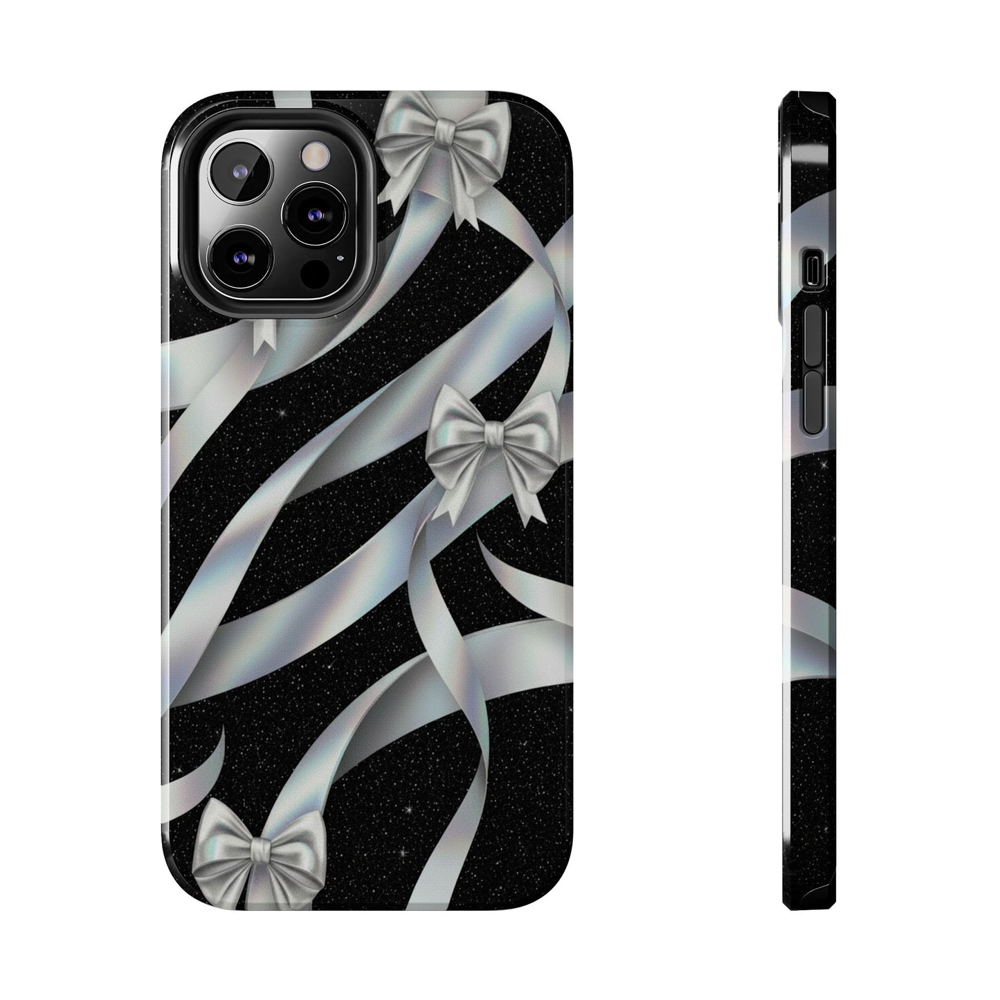 Silver Ribbon Bow Tough Phone Case — Glitter Black Protective Phone Case