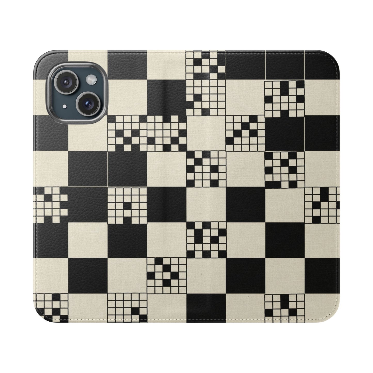 Checkerboard Flip Phone Case – Retro Black & Cream Geometric Wallet Case