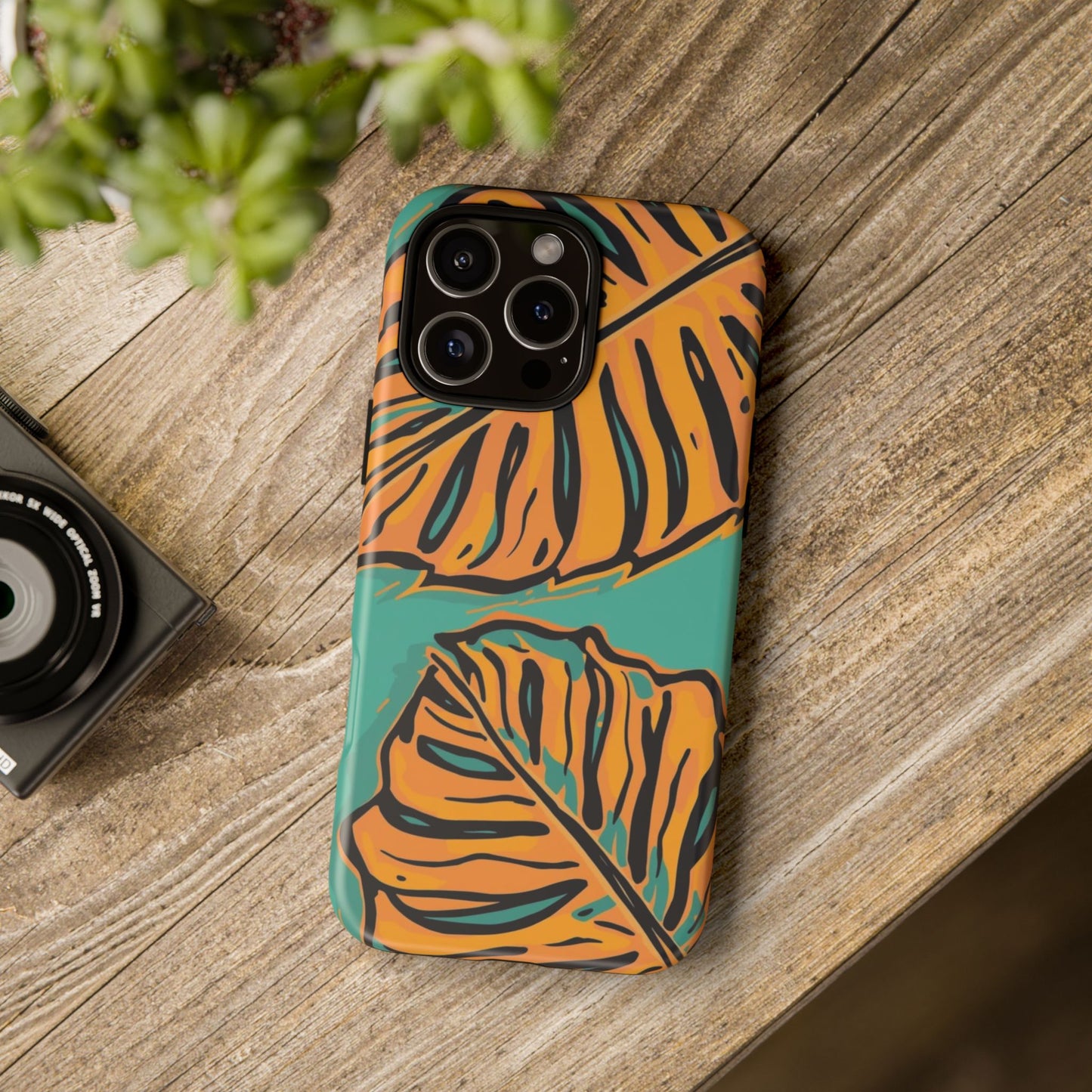 Tropical Leaf Tough Phone Case — Orange Monstera Design on Teal
