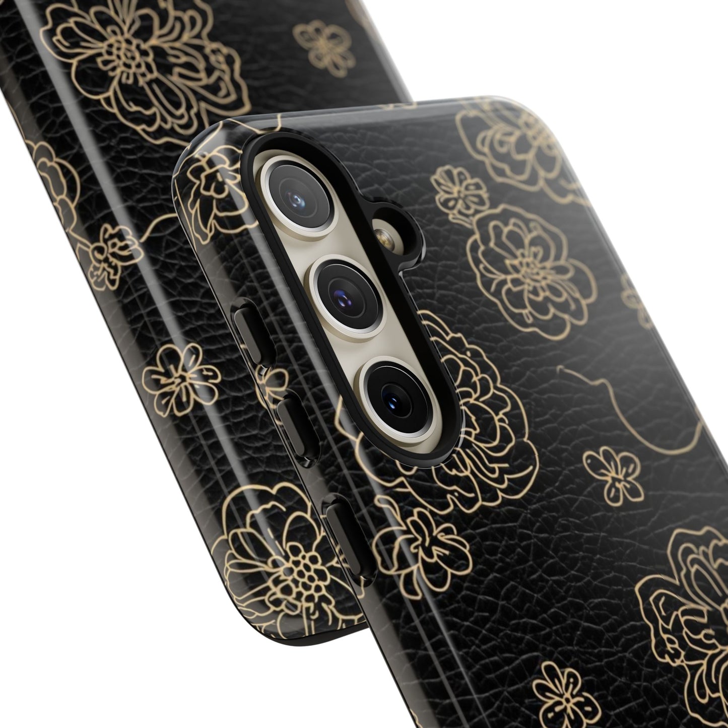 Floral Leather-Texture Tough Case – Black Gold Outline Phone Cover