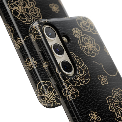 Floral Leather-Texture Tough Case – Black Gold Outline Phone Cover