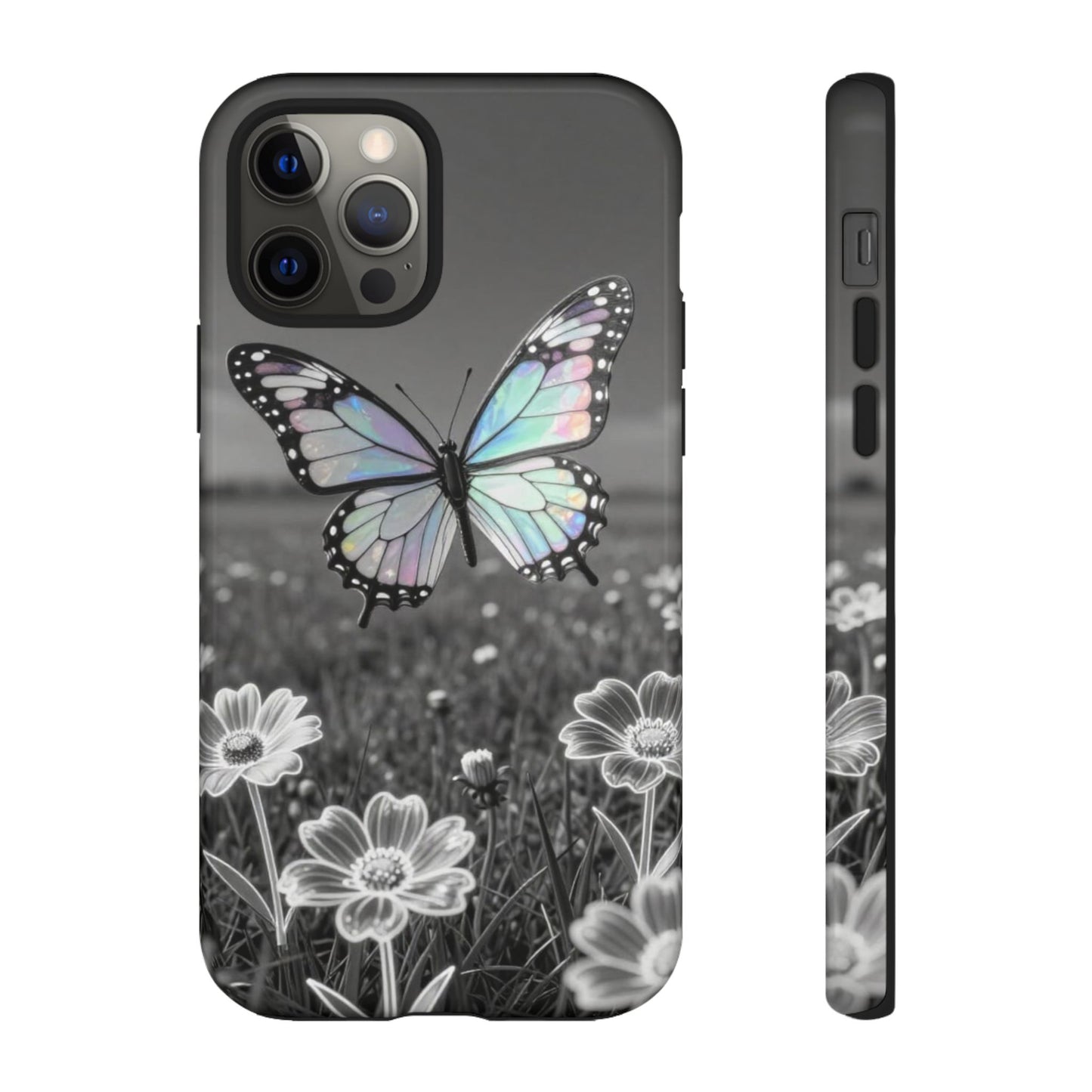 Butterfly Field Tough Phone Case — Pastel Holographic Butterfly on Black & White Floral Background