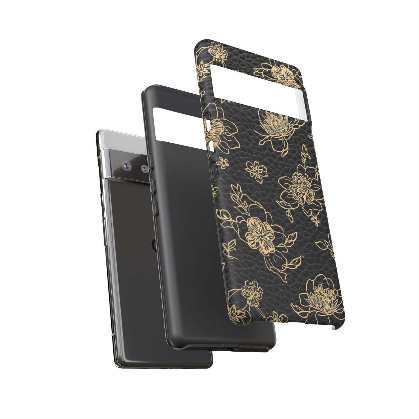 Floral Leather Phone Case — Gold Outline Flowers on Black Tough Case