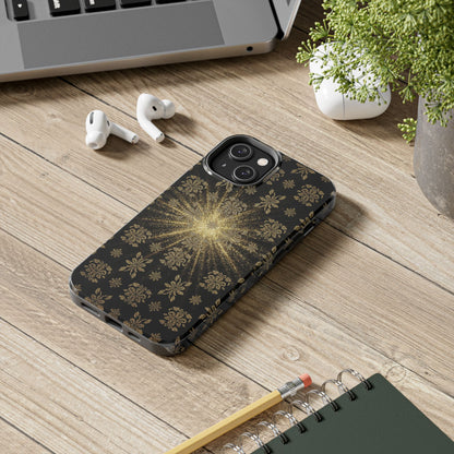 Glitter Burst Tough Phone Case — Black & Gold Floral Protective Cover