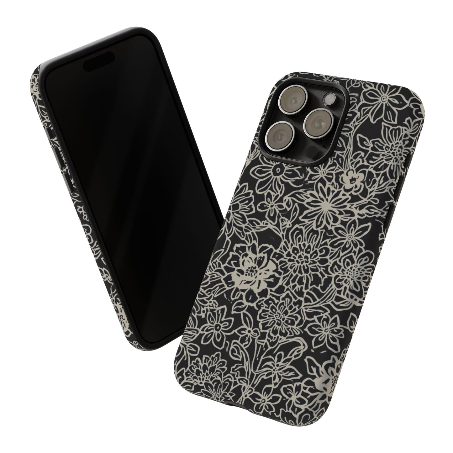 Floral Doodle Tough Phone Case — Black & White Sketch Flower Protective Cover