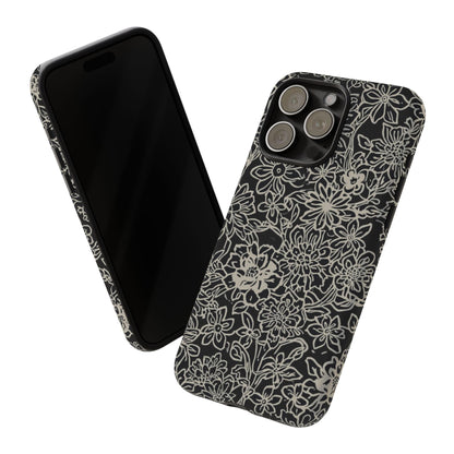 Floral Doodle Tough Phone Case — Black & White Sketch Flower Protective Cover