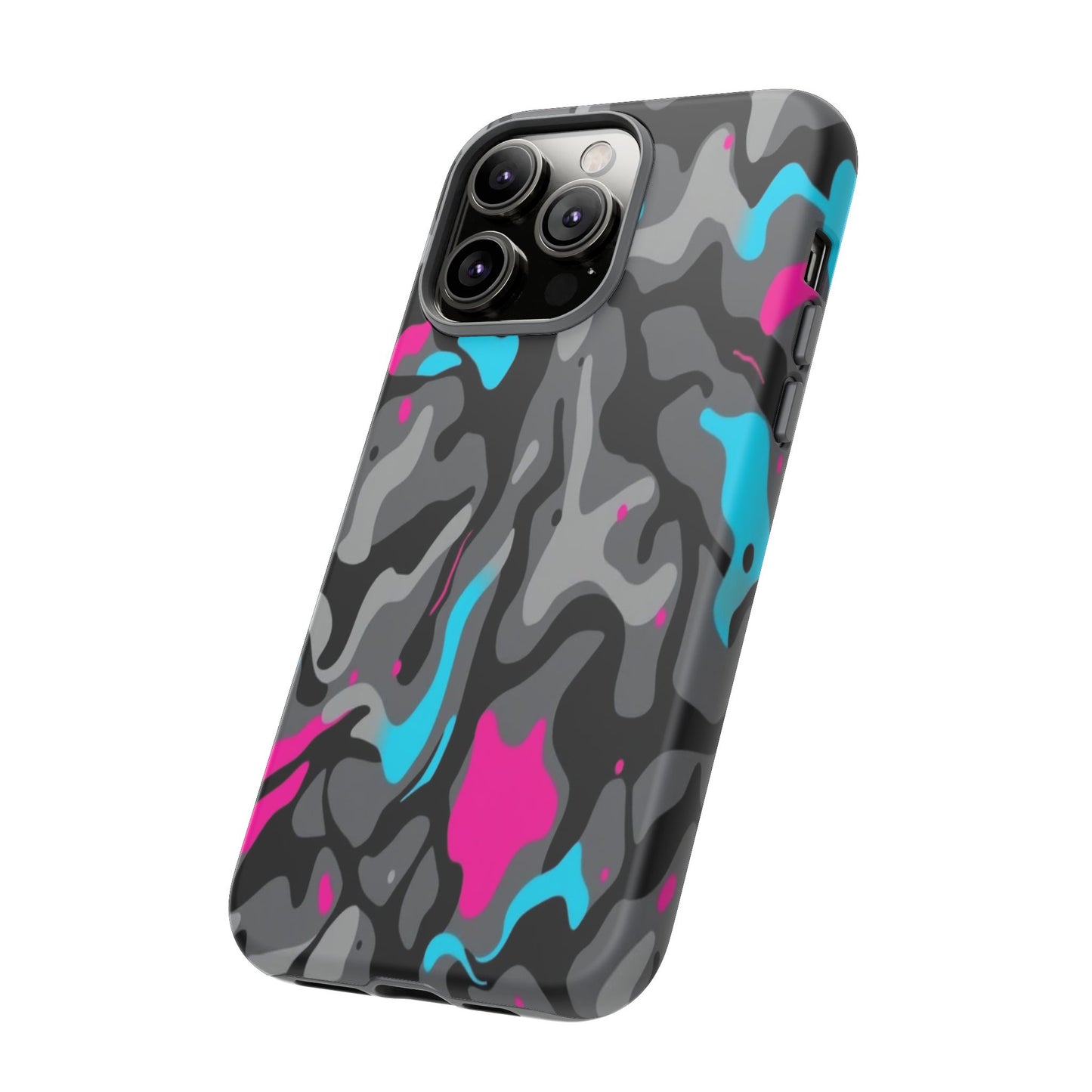 Camouflage Phone Case — Gray Camo with Neon Pink & Cyan Accent Tough Protective Cover