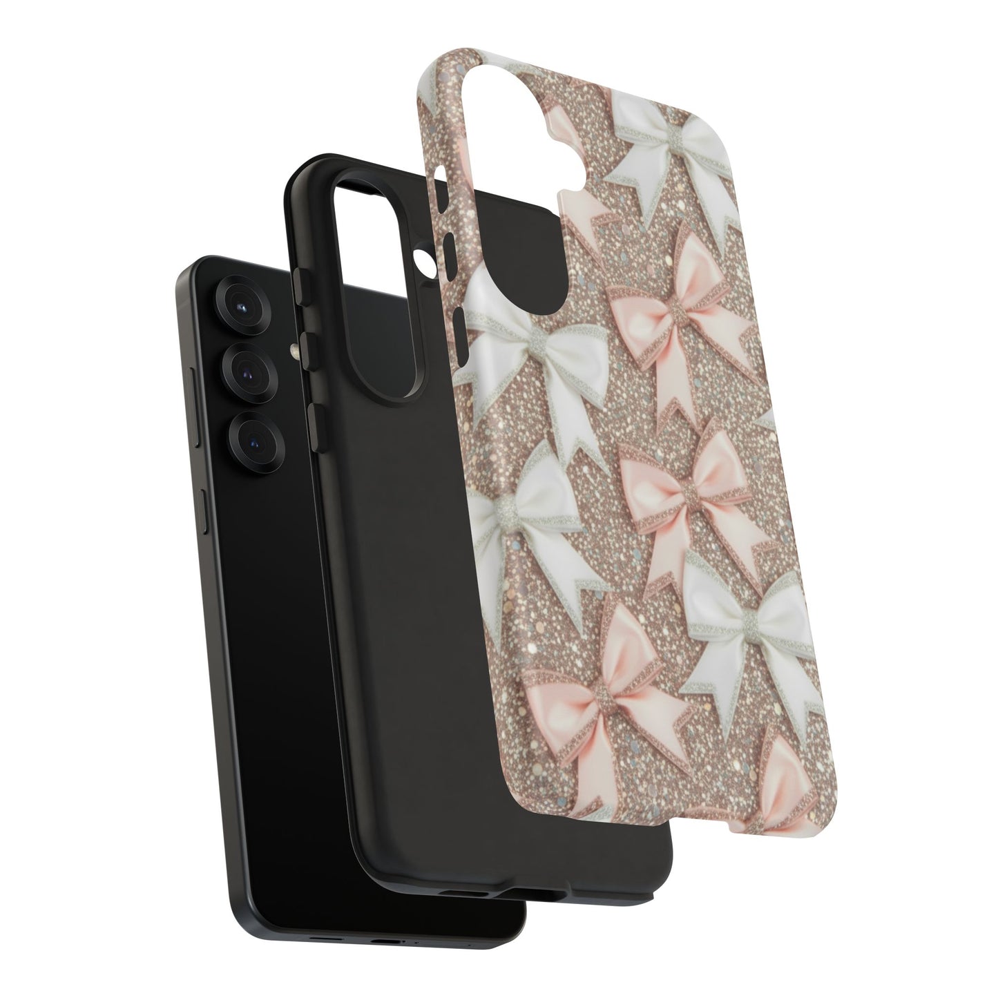 Glitter Bow Tough Phone Case — Pink & White Ribbon Protective Cover
