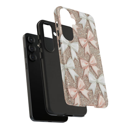 Glitter Bow Tough Phone Case — Pink & White Ribbon Protective Cover