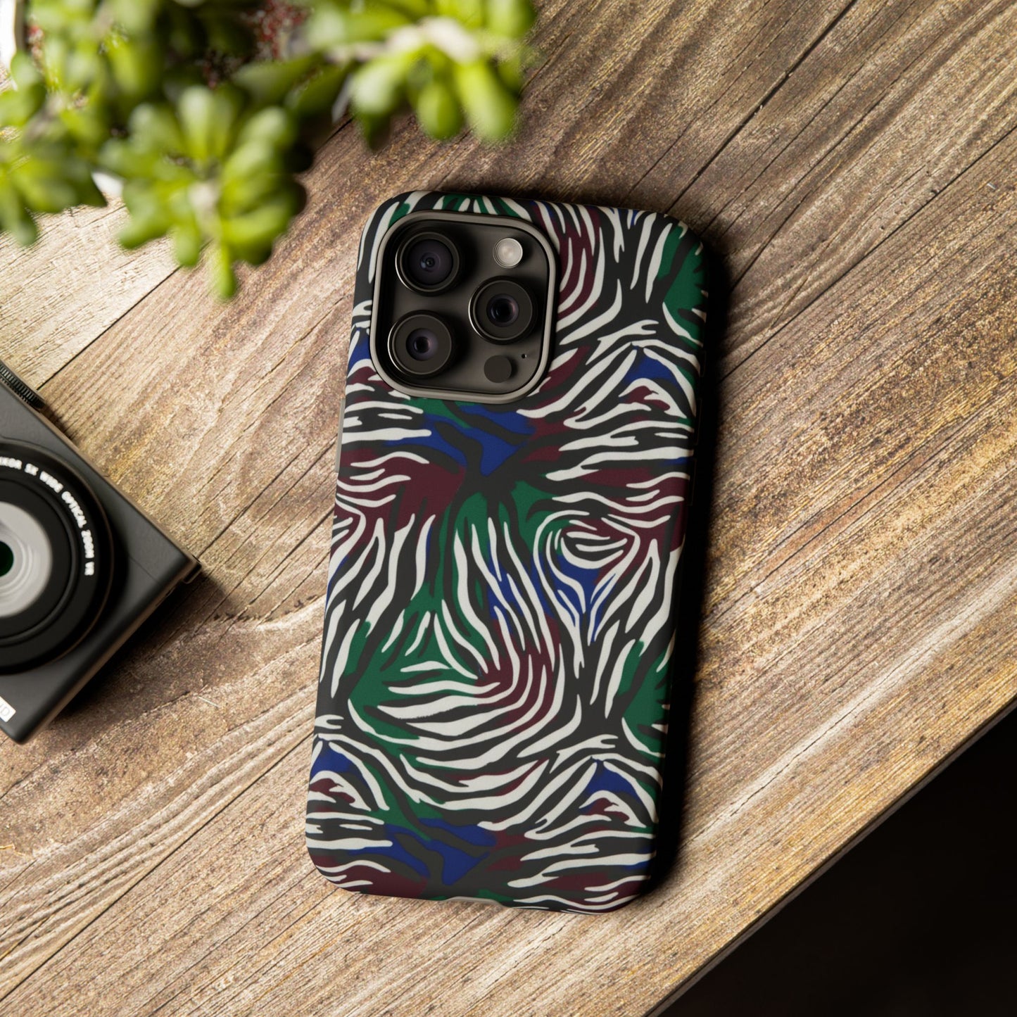 Zebra Camo Tough Phone Case – Green & Blue Animal Print Protective Cover