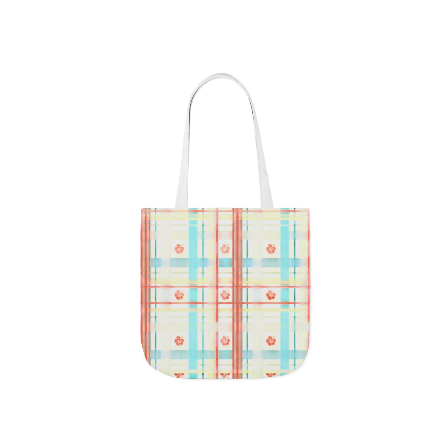 Floral Pastel Plaid Tote Bag — Canvas Shoulder Bag with Colorful Straps