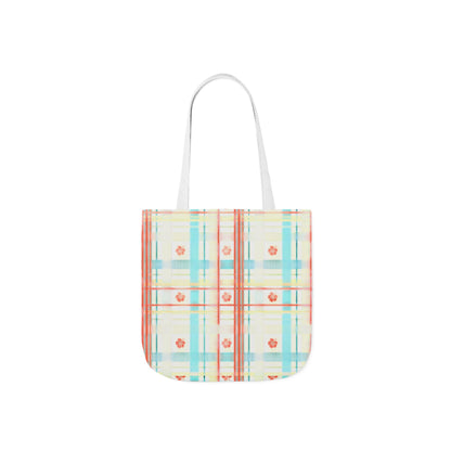 Floral Pastel Plaid Tote Bag — Canvas Shoulder Bag with Colorful Straps