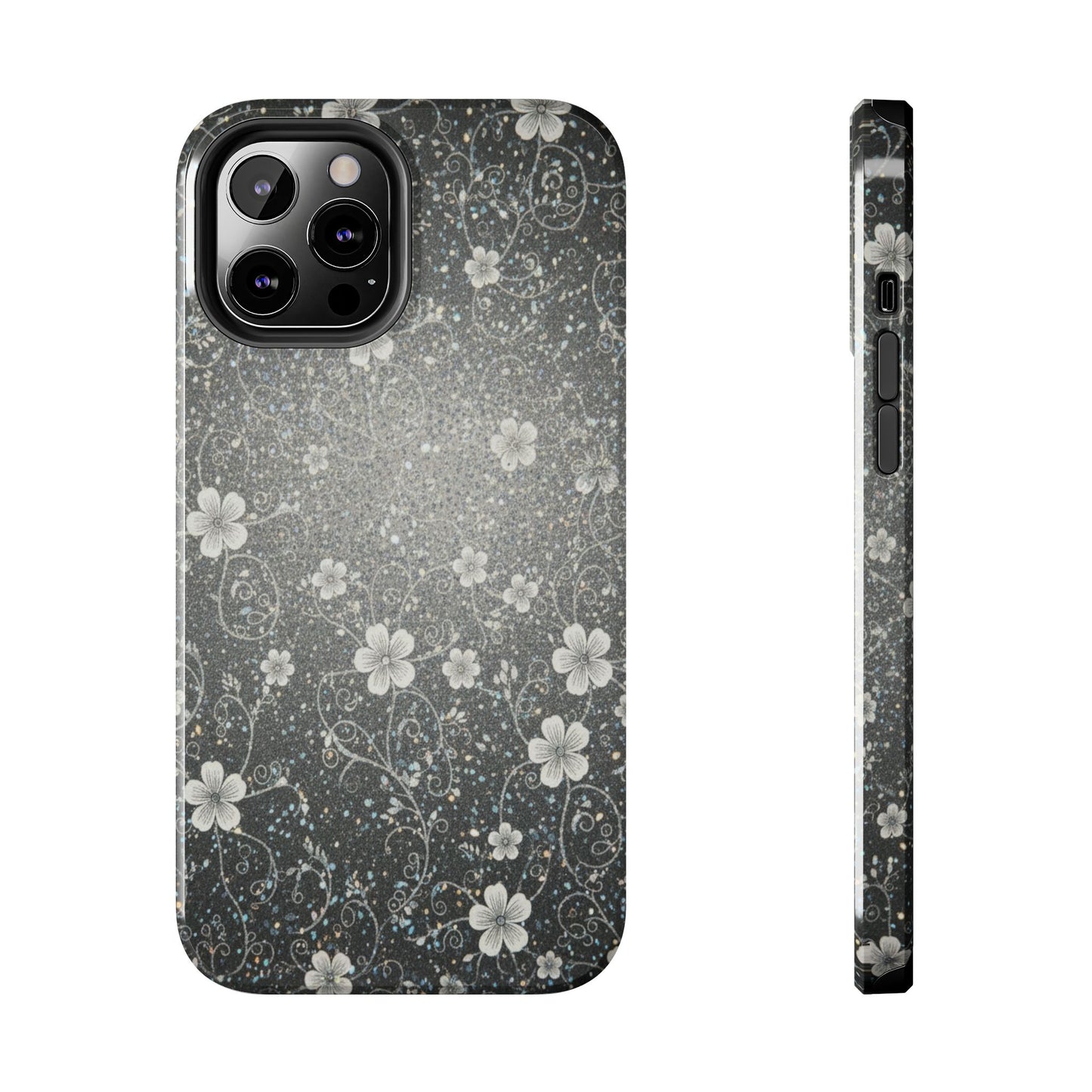 Floral Sparkle Tough Phone Case — Black & Silver Vintage Blossom