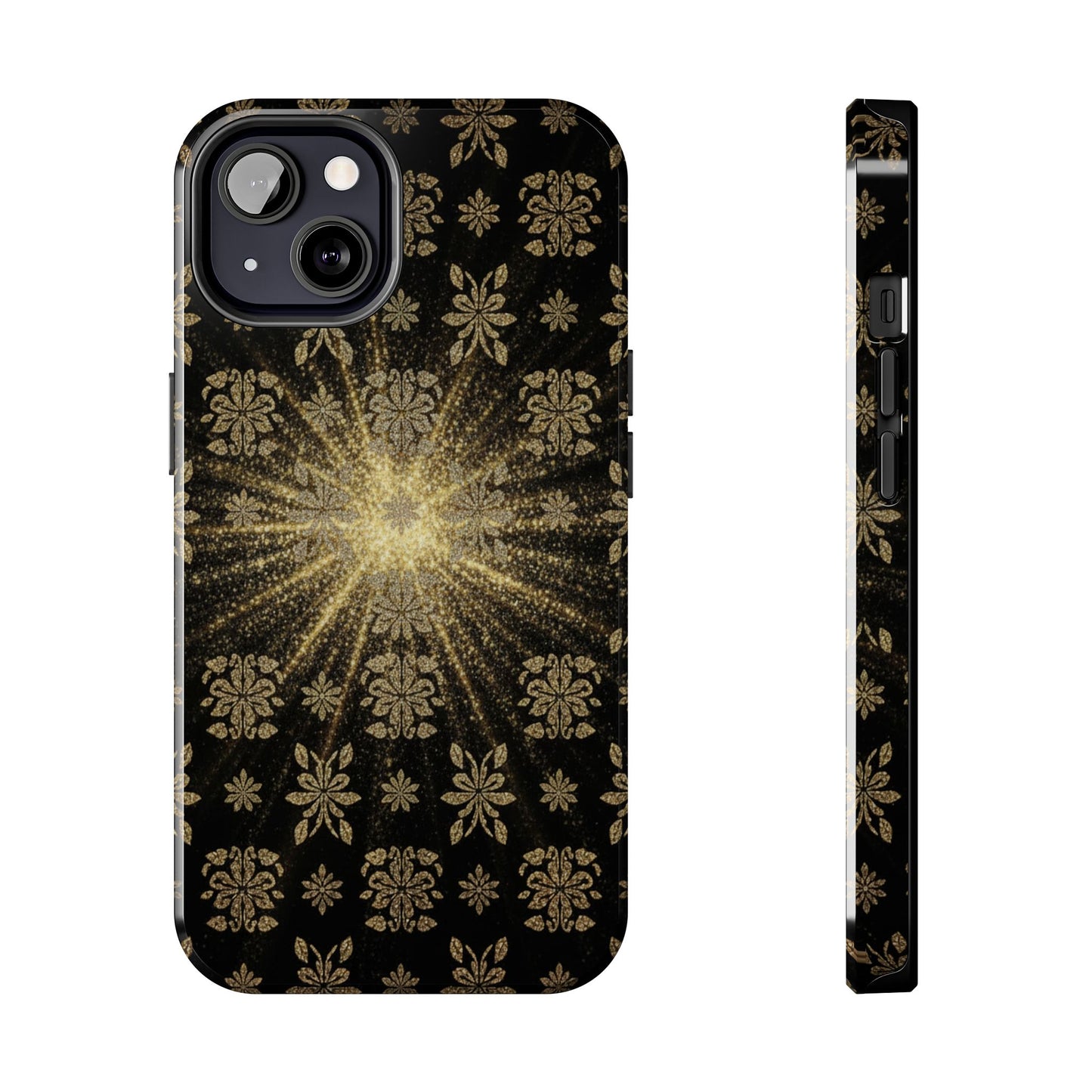 Glitter Burst Tough Phone Case — Black & Gold Floral Protective Cover