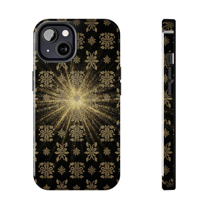 Glitter Burst Tough Phone Case — Black & Gold Floral Protective Cover