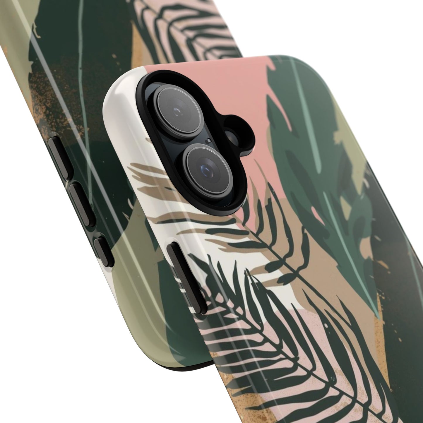Tropical Leaf Tough Phone Case — Abstract Pink & Green Botanical Protective Cover