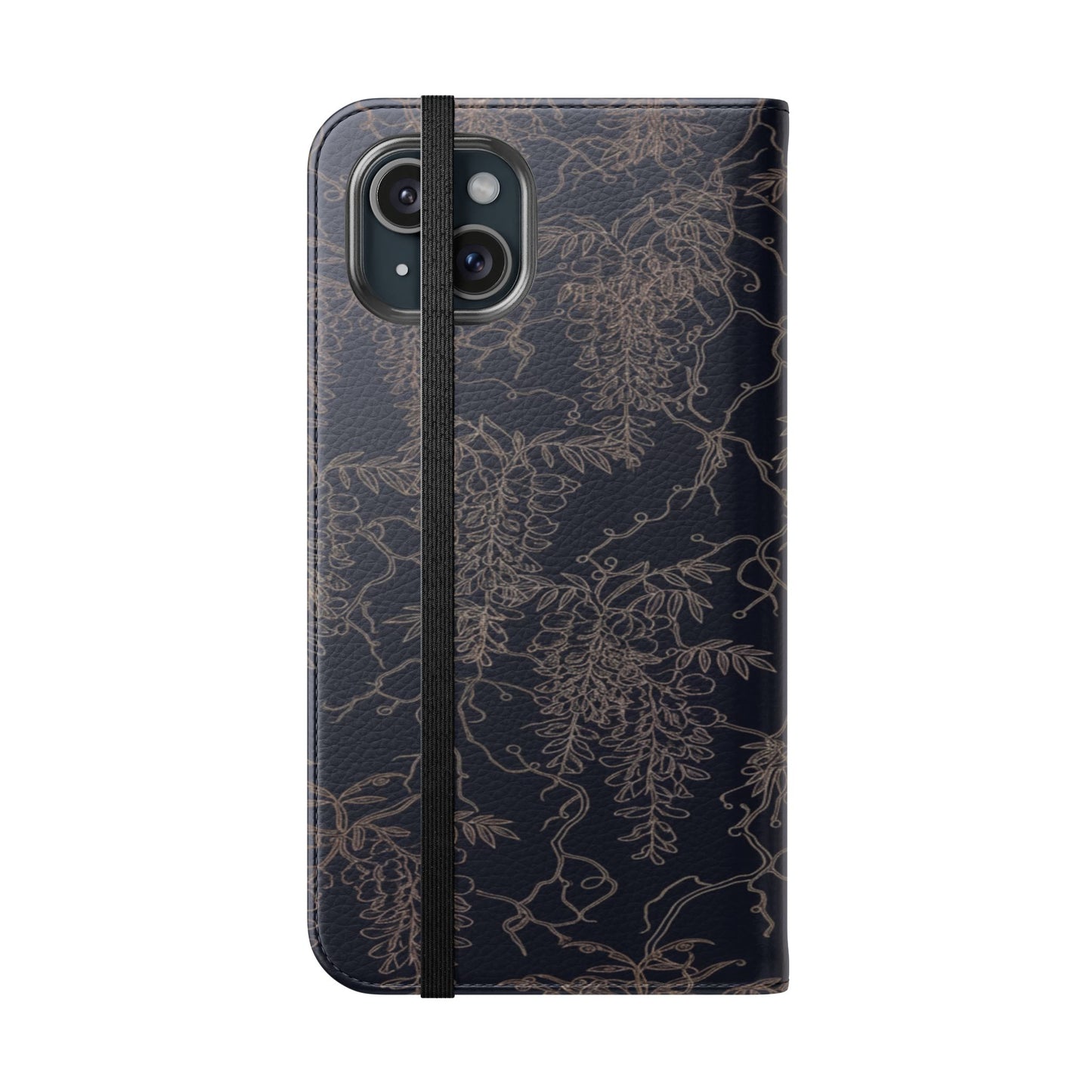 Botanical Noir Flip Phone Case — Dark Floral Wallet Cover with Card Slots