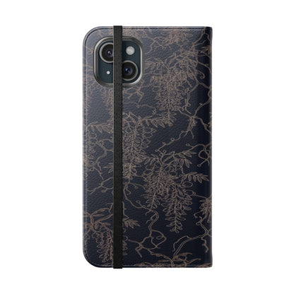 Botanical Noir Flip Phone Case — Dark Floral Wallet Cover with Card Slots