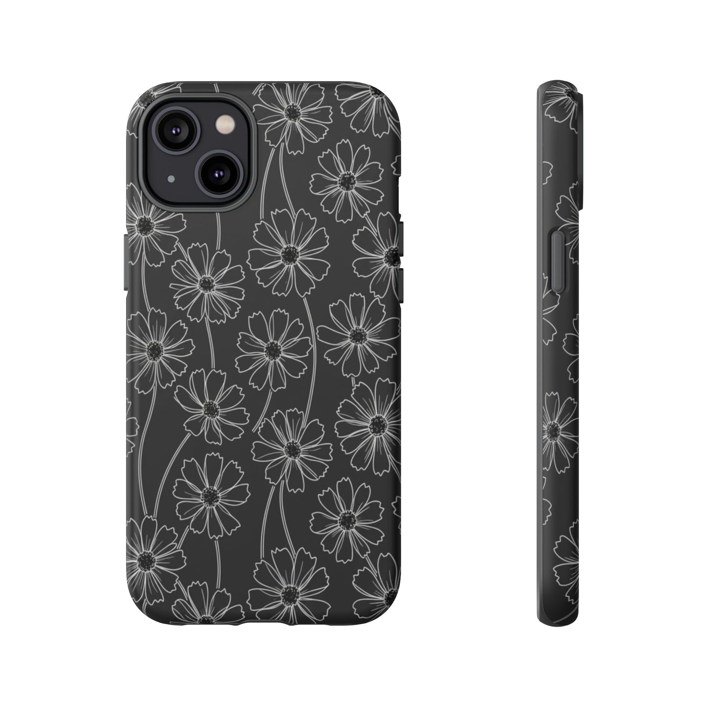 Floral Doodle Tough Phone Case — Black & Gray Daisy Pattern