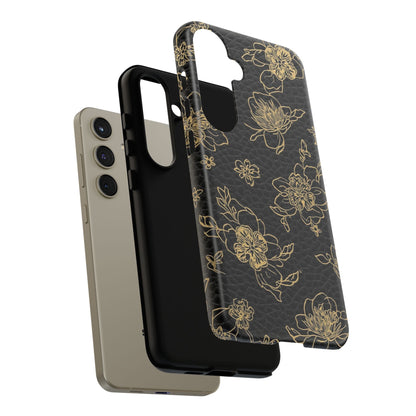 Floral Leather Phone Case — Gold Outline Flowers on Black Tough Case