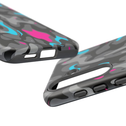 Camouflage Phone Case — Gray Camo with Neon Pink & Cyan Accent Tough Protective Cover