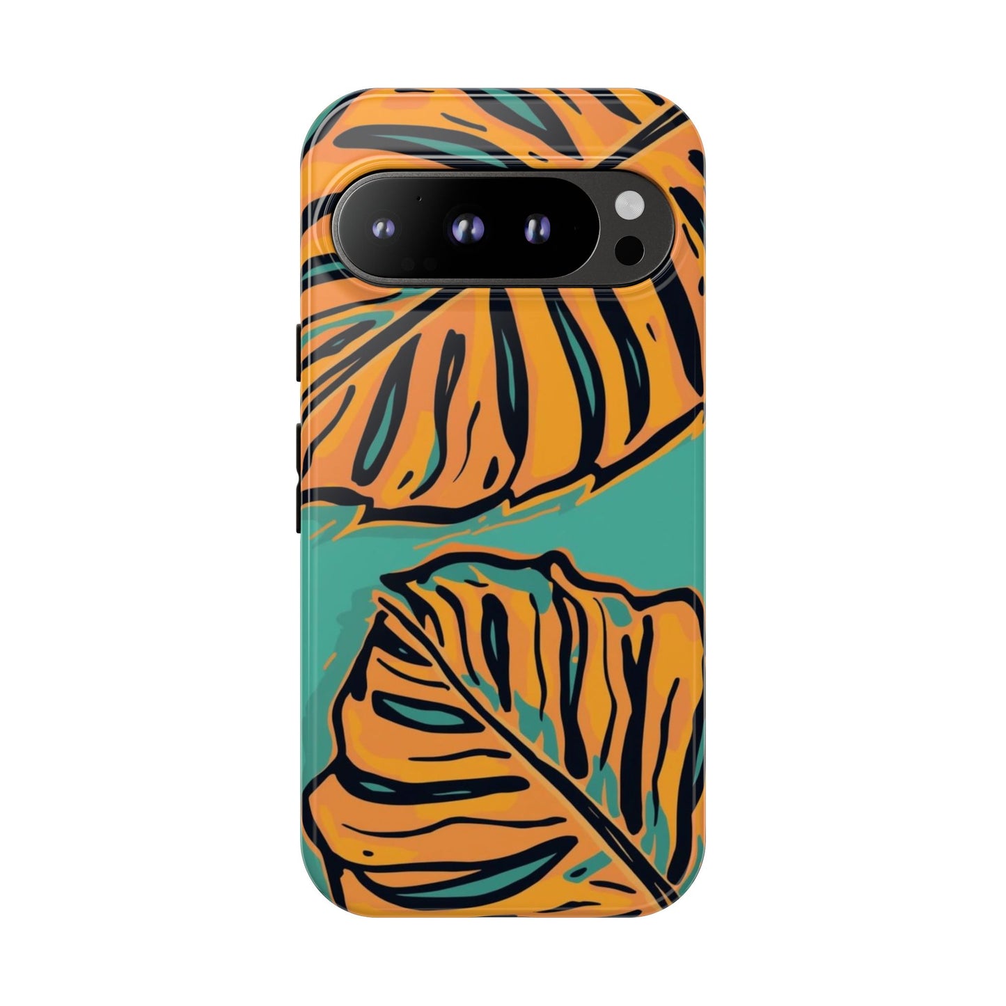 Tropical Leaf Tough Phone Case — Orange Monstera Design on Teal