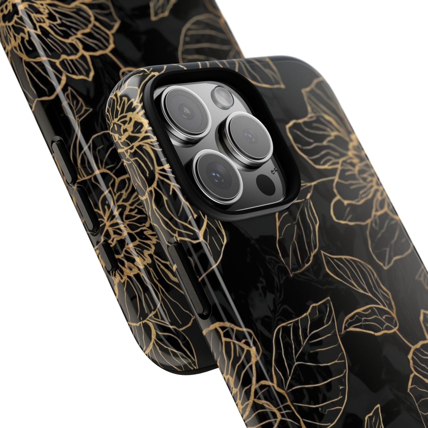 Floral Gold Outline Tough Phone Case – Black Botanical Protective Cover