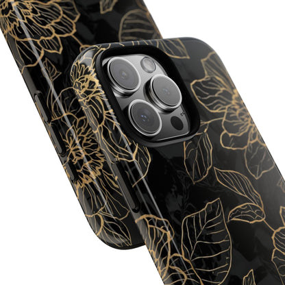 Floral Gold Outline Tough Phone Case – Black Botanical Protective Cover