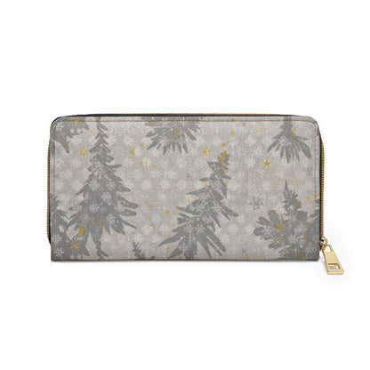 Zipper Wallet — Silver Pine Holiday Zip Wallet with Gold Star Accents