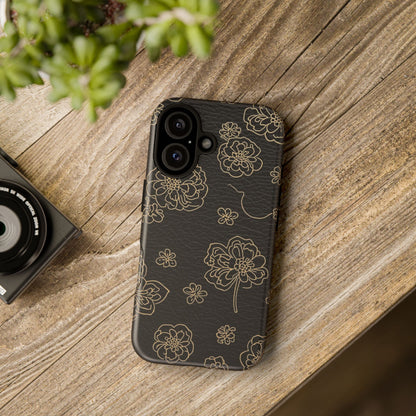 Floral Leather-Texture Tough Case – Black Gold Outline Phone Cover