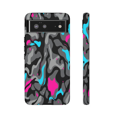 Camouflage Phone Case — Gray Camo with Neon Pink & Cyan Accent Tough Protective Cover