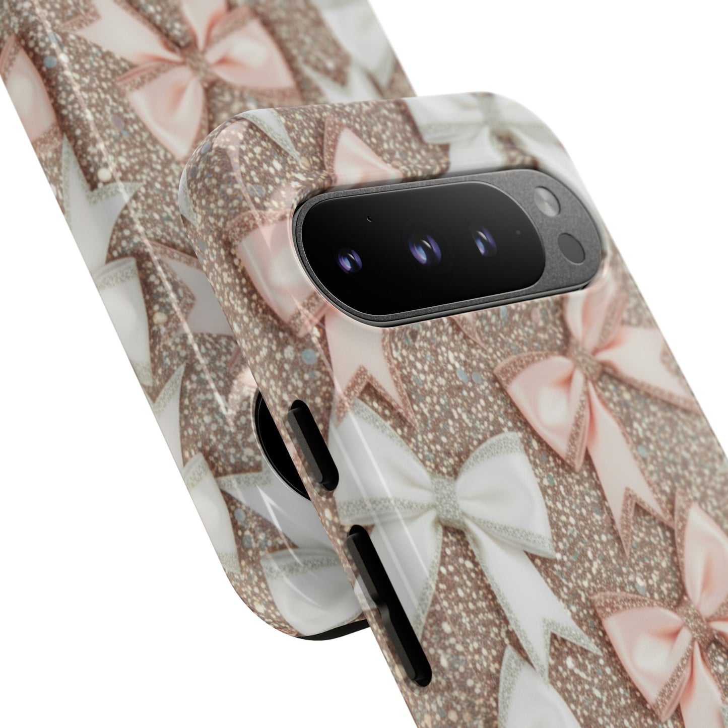 Glitter Bow Tough Phone Case — Pink & White Ribbon Protective Cover