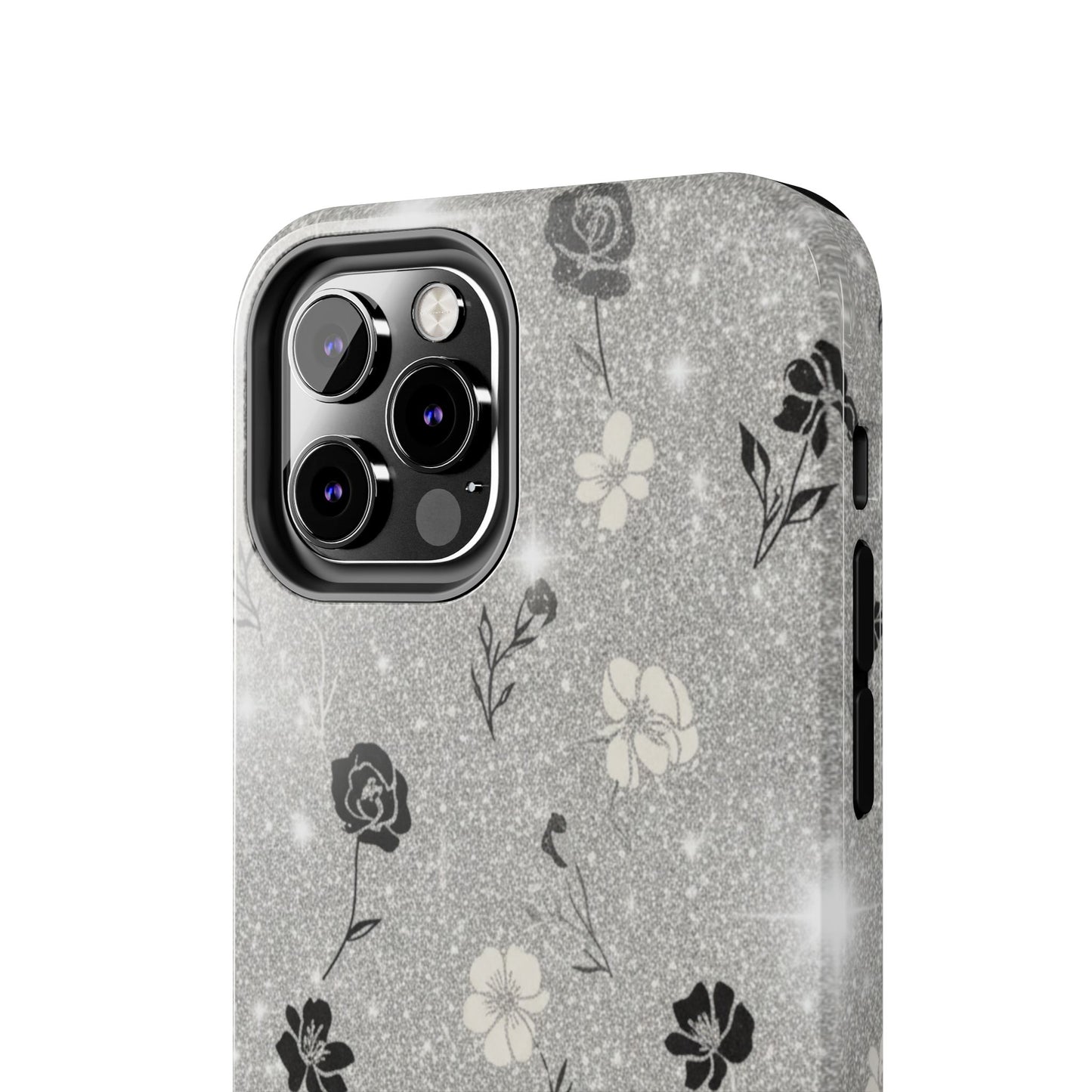 Floral Glitter Tough Phone Case — Black & Silver Vintage Flower Protective Cover
