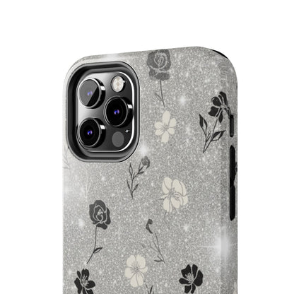 Floral Glitter Tough Phone Case — Black & Silver Vintage Flower Protective Cover