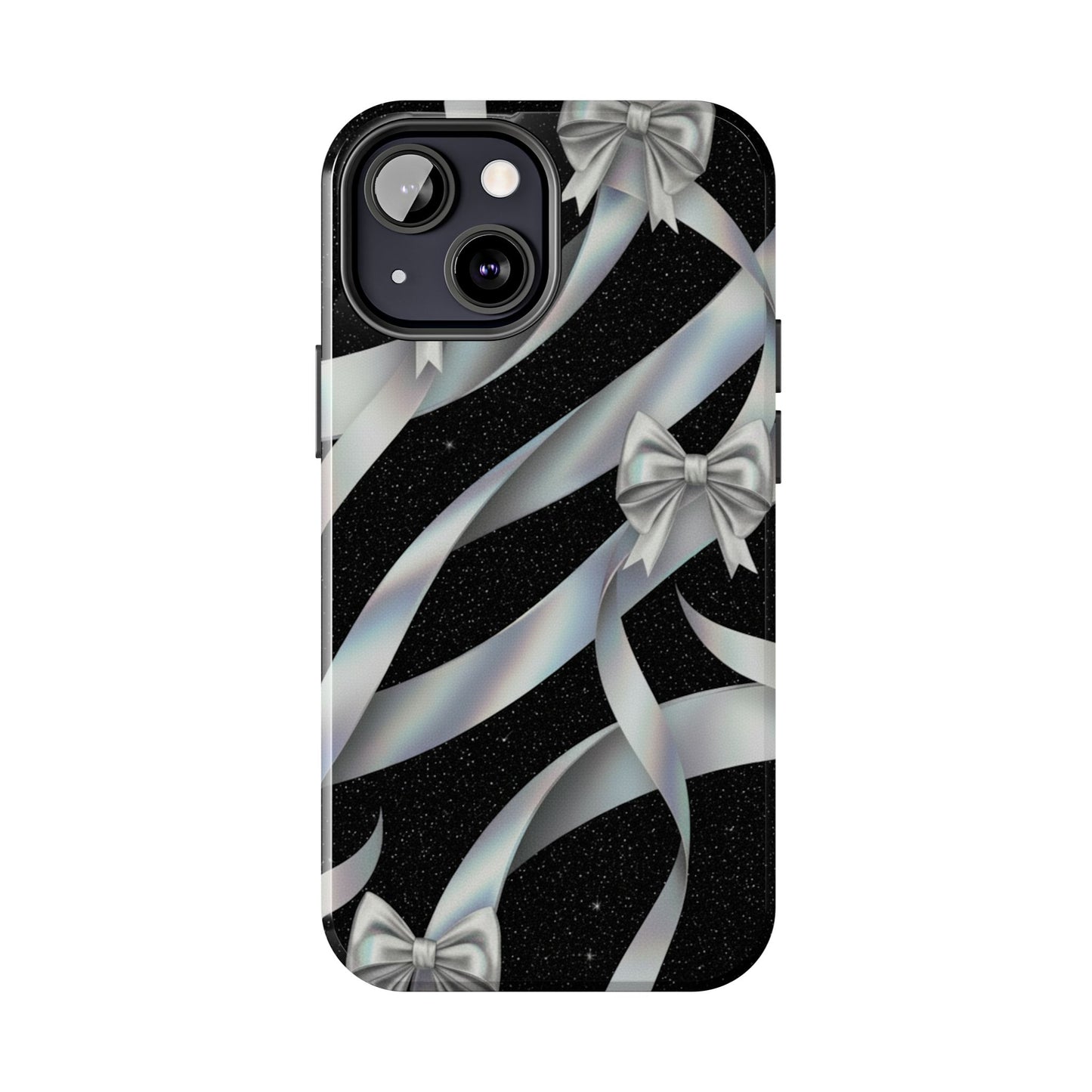 Silver Ribbon Bow Tough Phone Case — Glitter Black Protective Phone Case