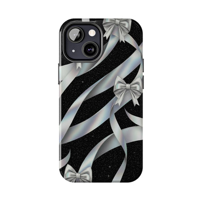 Silver Ribbon Bow Tough Phone Case — Glitter Black Protective Phone Case