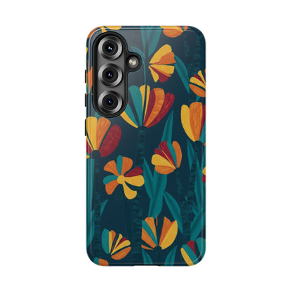 Floral Retro Teal Tough Phone Case — Vibrant Orange & Mustard Blooms