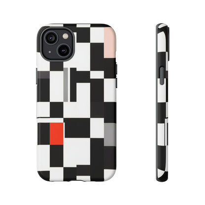 Abstract Geometric Phone Case – Black & White Checker Grid with Red Accent