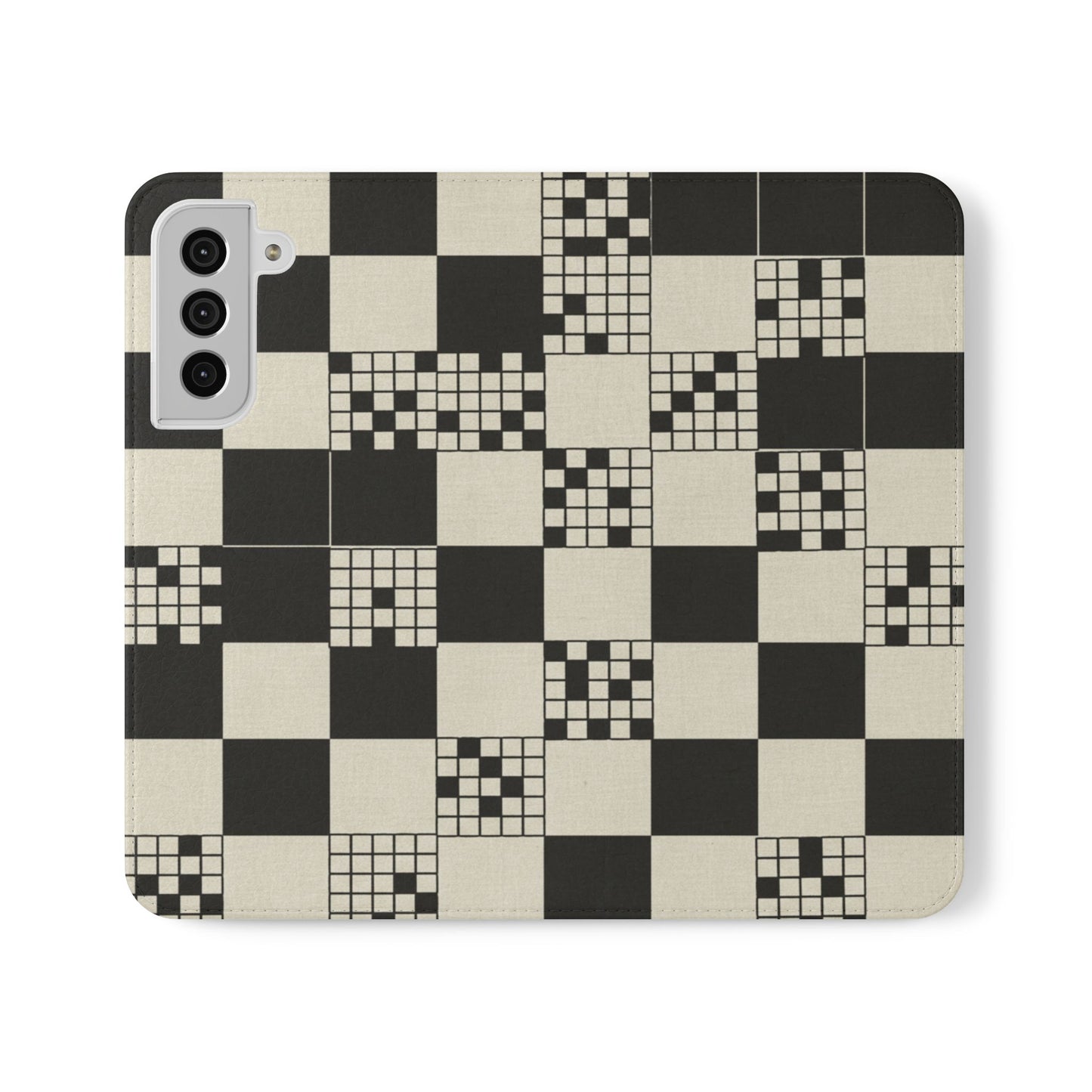 Checkerboard Flip Phone Case – Retro Black & Cream Geometric Wallet Case